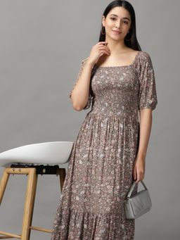 SHOWOFF - Womens Square Neck Maxi Grey Printed Dress