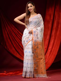 CHARUKRITI - White Cotton Handspun Woven Buttas and Foliage Borders Saree with Unstitched Blouse