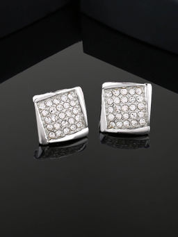 Estele - Rhodium Plated Square Shaped Stud Earrings with White Crystals for Girls & Women