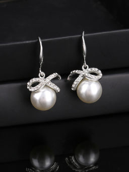 Estele - Rhodium Plated Pearl Drop Earrings with White Austrian Crystals for Girls & Women