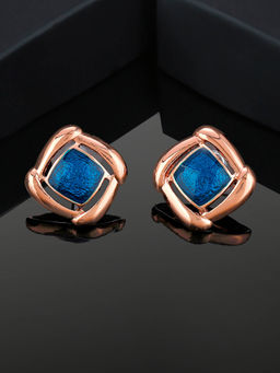 Estele - Rose Gold Plated Mosaic Pattern Stud Earrings with Blue Enamel for Girls and Women