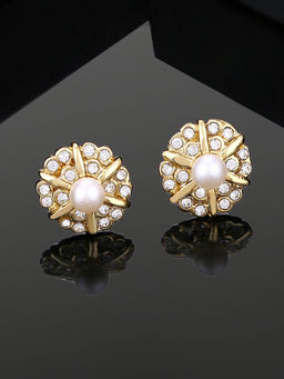 Estele - Gold Plated Flower Designer Stud Earrings with White Pearl & Crystal for Girl & Women