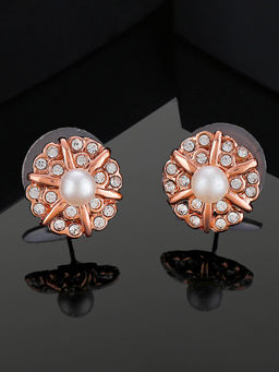 Estele - Rose Gold Plated Flower Designer Stud Earrings with White Crystals for Girls & Women