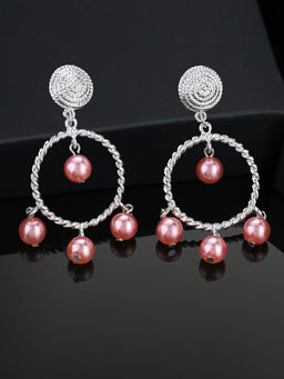 Estele - Rhodium Plated Sparkling Drop Earrings with Pink Pearls for Girls & Women