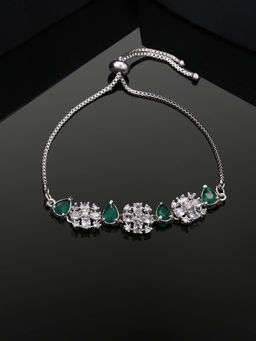 Estele - Rhodium Plated CZ Sparkling Flower Designer Bracelet with Green Stones for Women