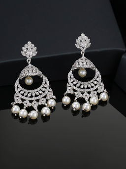 Estele - Rhodium Plated CZ Enchanting Leaf Designer Earrings with White Stones for Women