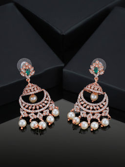 Estele - Rose Gold Plated CZ Enchanting Leaf Designer Earrings with Stones & Pearls for Women