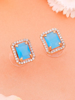 Estele - Rose Gold Plated CZ Square Designer Earrings with Mint Blue for Girls and Women