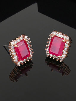 Estele - Rose Gold Plated CZ Square Designer Stud Earrings with Ruby Stones for Girls & Women