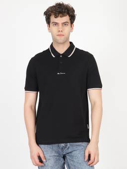 Ben Sherman - Men Black Solid Mod Stripe Regular Fit Polo T-Shirt