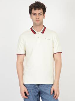 Ben Sherman - Men Cream Solid Retro Stripe Regular Fit Polo T-Shirt