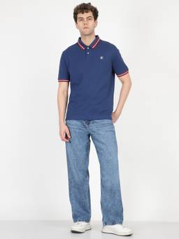 Ben Sherman - Men Blue Solid Collar Pique Regular Fit Polo T-Shirt