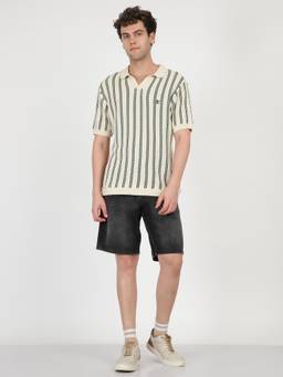 Ben Sherman - Men Off-White Striped Flat Knit Urban Polo T-Shirt
