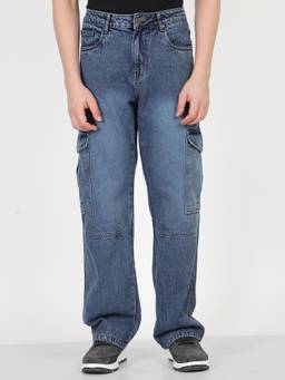 Ben Sherman - Men Mid-Blue Washed Denim Cargo Jeans