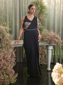 Label S4U - Black Pre-Draped Saree with Fringe Stitched Blouse and Blouse