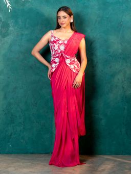 Label S4U - Stylish Pink Saree with Handwork Peplum Stitched Blouse and Belt