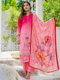 Sindh Fashion - Pink Floral Printed Kurta with Pant and Dupatta