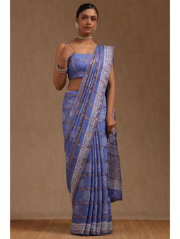 Soch - Blue Viscose Batik Print Zari Woven Saree with Unstitched Blouse