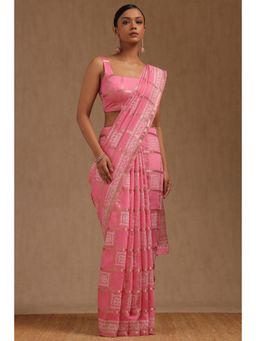Soch - Pink Viscose Batik Print Zari Saree with Unstitched Blouse