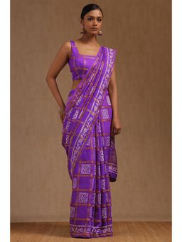Soch - Purple Viscose Block Print Saree with Unstitched Blouse