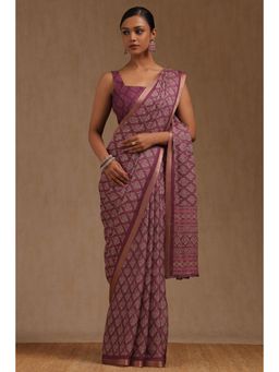 Soch - Purple Georgette Floral Print Saree with Unstitched Blouse