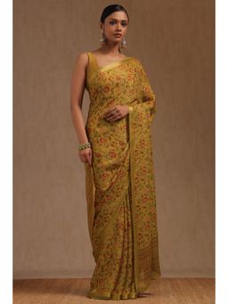 Soch - Yellow Georgette Floral Print Saree with Unstitched Blouse