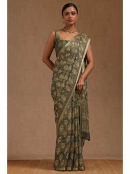 Soch - Olive Georgette Paisley Print Saree with Unstitched Blouse