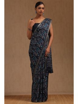 Soch - Navy Blue Georgette Botanical Print Saree with Unstitched Blouse