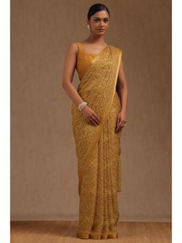 Soch - Mustard Georgette Floral Print Saree with Unstitched Blouse
