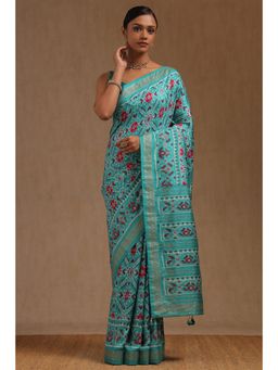 Soch - Turquoise Blue Silk Blend Ikat Print Saree with Unstitched Blouse