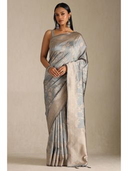 Soch - Grey Tussar Floral Print Saree with Unstitched Blouse