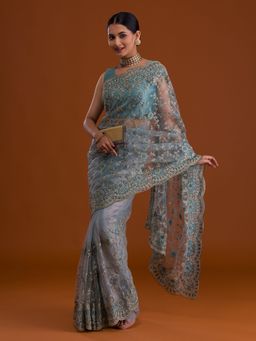 Koskii - Turquoise Embroidered Net Saree With Unstitched Blouse