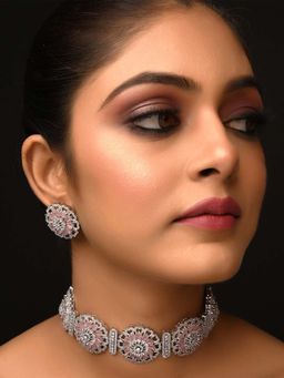 AG'S - Neeya Baby Pink Diamond Silver Plated Necklace Set