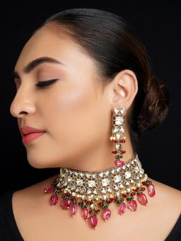 AG'S - Daniya Rose Pink and Green Rhodium Plated Victorian Choker Set