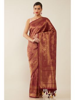 Soch - Women Maroon Woven Saree with Stitched Blouse