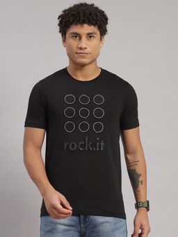 Rock.it - Men Printed Round Neck Cotton Blend Black T-Shirt