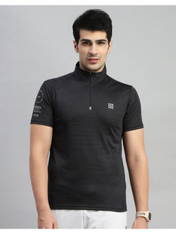 Rock.it - Men Self Design High Neck Neck Polyester Black T-Shirt