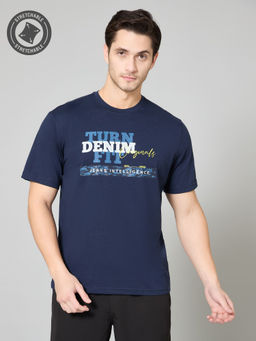 TURNFIT - Navy Blue Half Sleeves Printed Cotton T-Shirt for Men