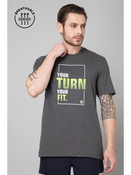 TURNFIT - Charcoal Melange Printed Cotton T Shirt for Men
