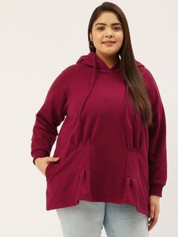 theRebelinme - Plus Size Womens Maroon Solid Color Front Pleated Knitted Sweatshirt