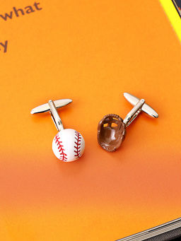 Shaze - White Enamelled Copper Rhodium-Plated Baseball Cufflinks