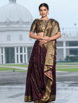 Beatitude - Wine Banarasi Satin Silk Woven Saree with Unstitched Blouse