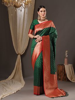 Akhilam - Womens Silk Blend Green Woven Design Saree with Unstitched Blouse