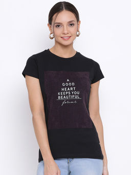 CRIMSOUNE CLUB - Women Black Printed Round Neck T-shirt