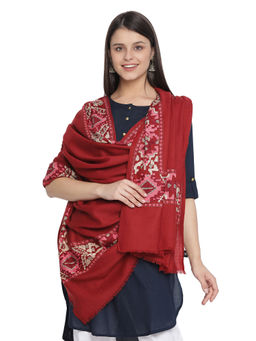 Shingora - Maroon Pure Wool Embroidered Women Fringed Shawl