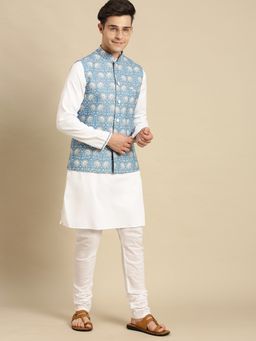 Sanwara - Mens Printed Solid Jacquard Light Blue Jacket and Kurta (Set of 2)