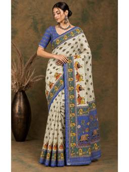 Nyri - New Trendy Linen Printed Saree with Unstitched Blouse - Blue