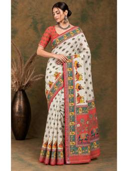 Nyri - New Trendy Linen Printed Saree with Unstitched Blouse - Red