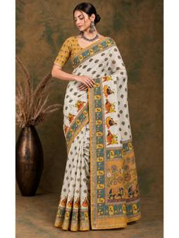Nyri - New Trendy Linen Printed Saree with Unstitched Blouse - Yellow