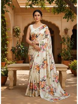 Nyri - New Trendy Linen Printed Saree with Unstitched Blouse - Cream
